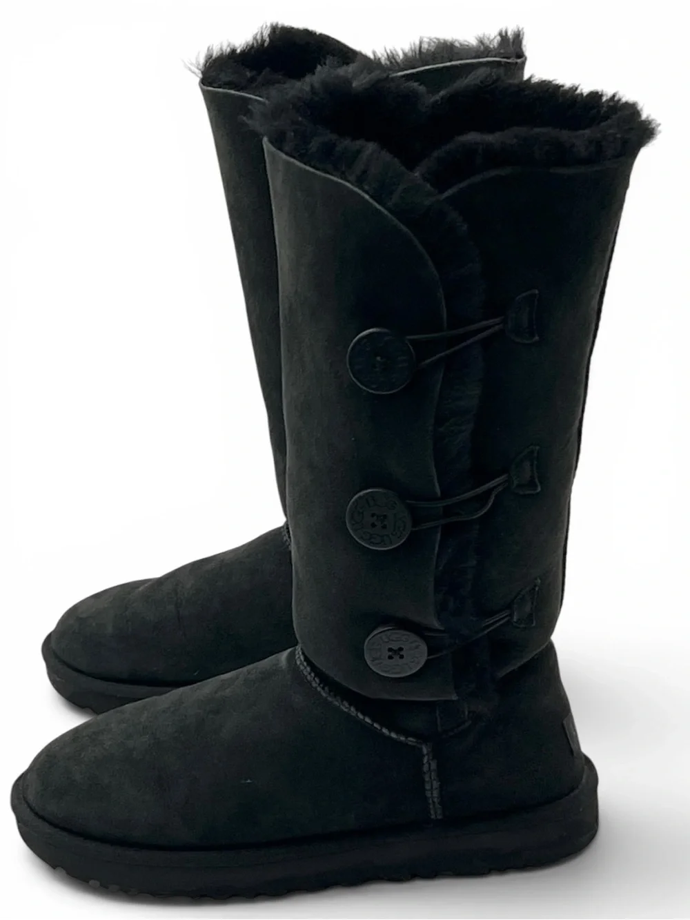UGG Bailey Button Triplet II Black Suede Winter Shearling Boots NWOB Womens 11